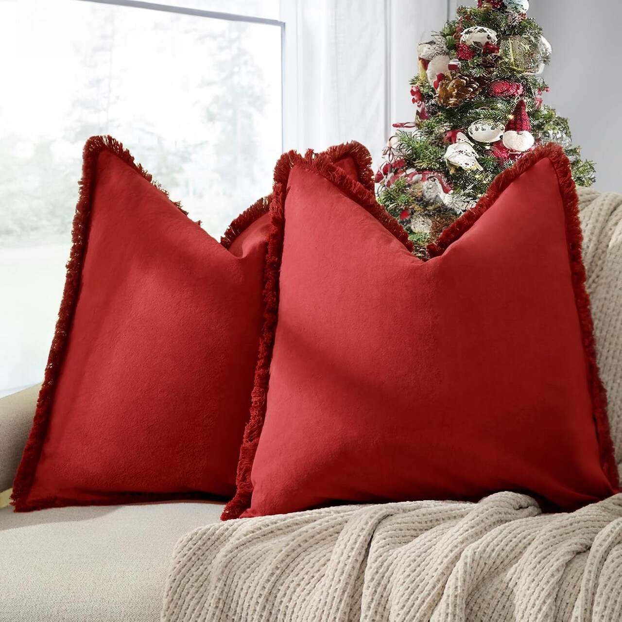 Christmas Pillow Covers - 26x26 Set of 2 Throw Pillows with Fringe, Chic Cotton Decorative Square Cushion Covers for Sofa, Couch, Bed, Living Room, Farmhouse, Boho Decor